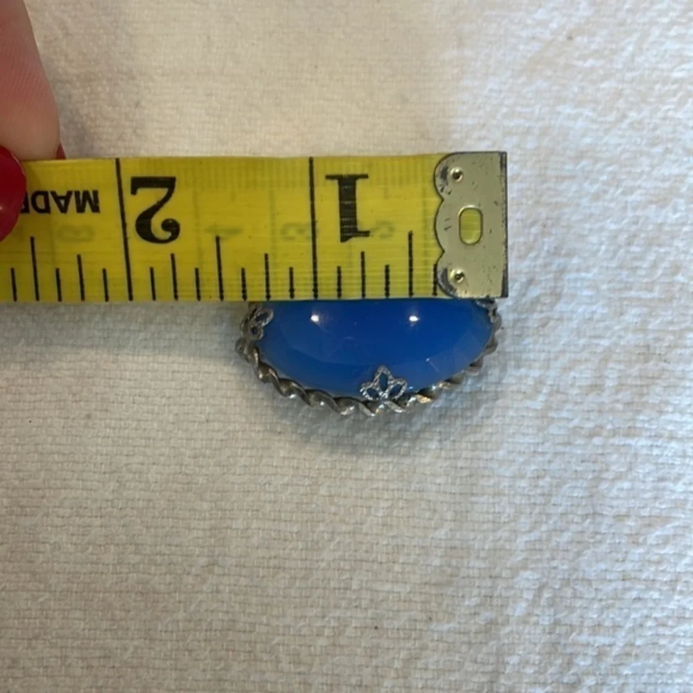 Faceted blue glass dome simple silver tone or pewter edge vintage brooch